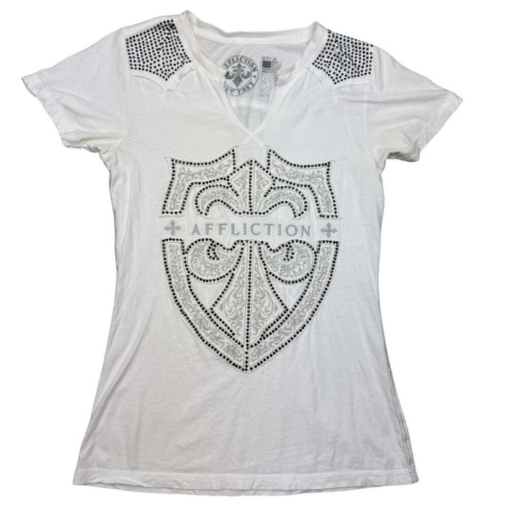 Affliction White Studded Shield Graphic Tee Shirt Women’s Medium